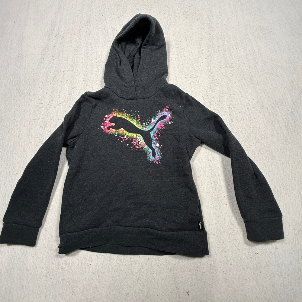Puma Kids Charcoal Grey Rainbow Splatter Logo Hoodie Size S 7-8 1616061